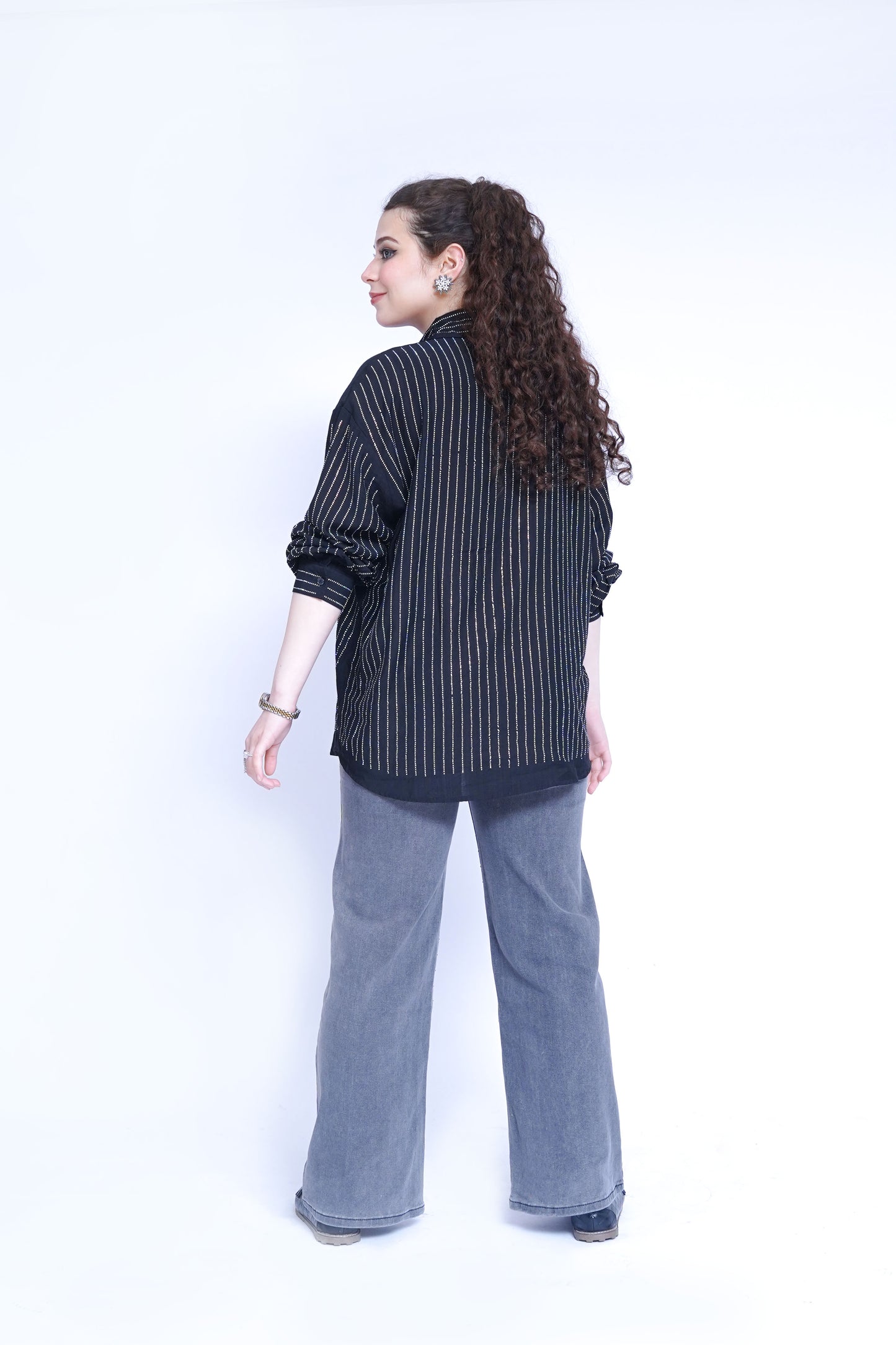 Women’s Long Rhinestone Button-Down Shirt with Wide Leg Rhinestone Jeans | New Jersey by Germany