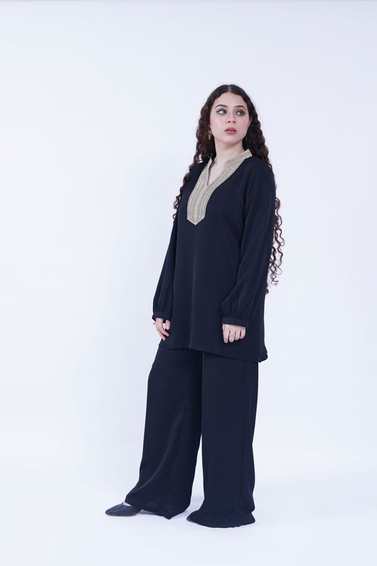 Black Embroidered Neckline Tunic with Straight-Cut Trousers | New Jersey by Germany