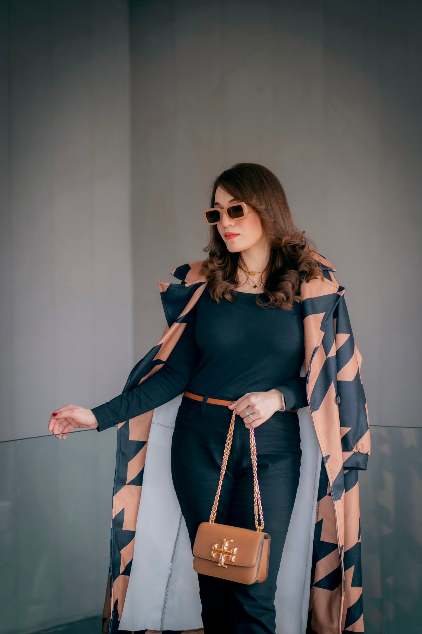 CAMEL MID-CALF LENGTH COAT IN BLACK GEOMETRIC PATTERN Coat