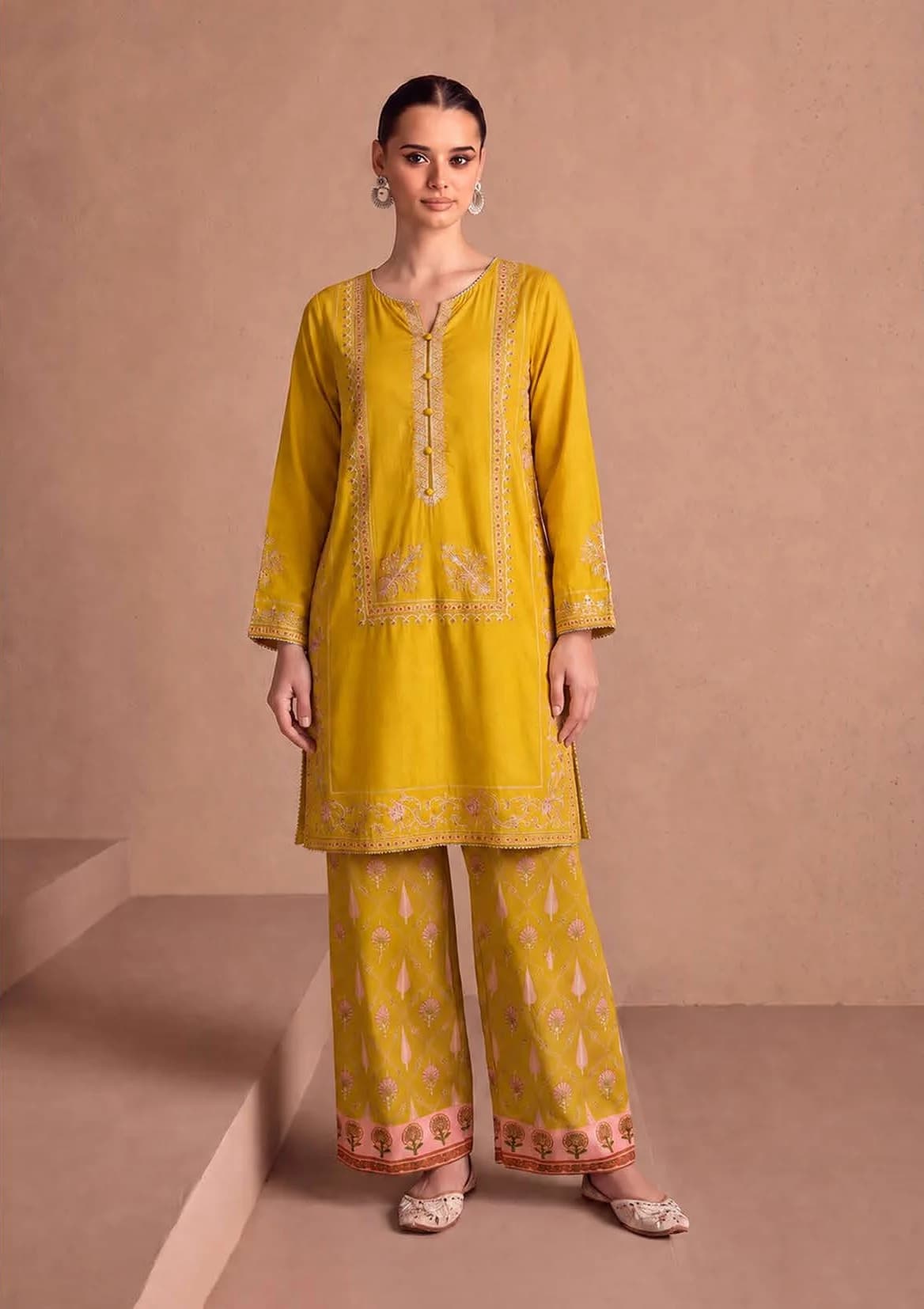 Mustard Embroidered Kurta & Palazzo Set — front