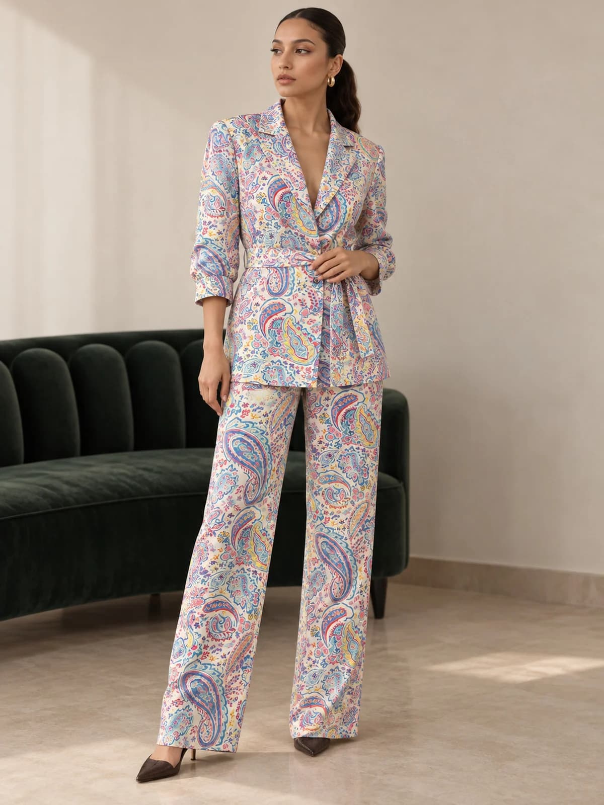 Paisley Belted Blazer Set — front