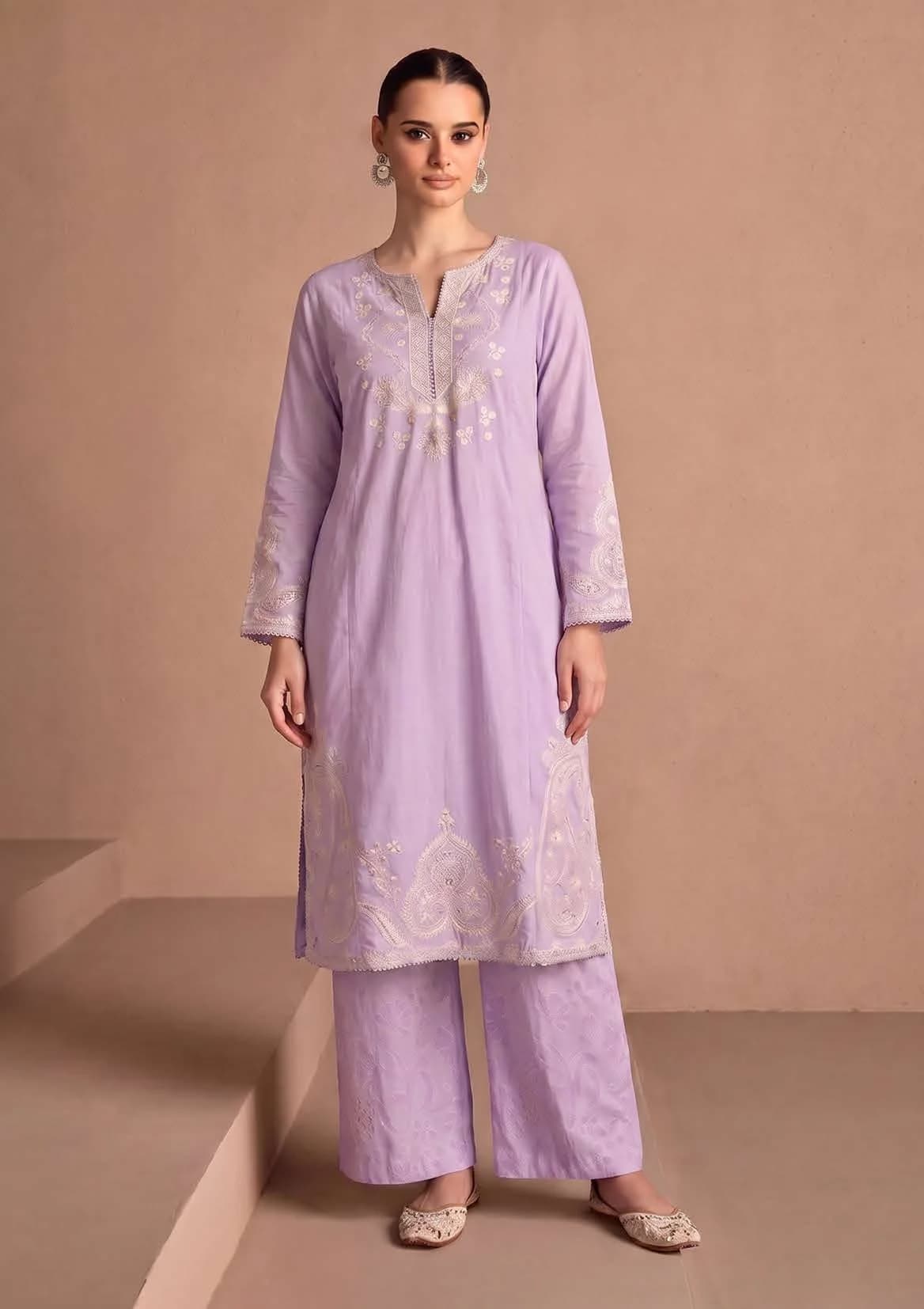 Lilac Embroidered Kurta & Trouser Set — front