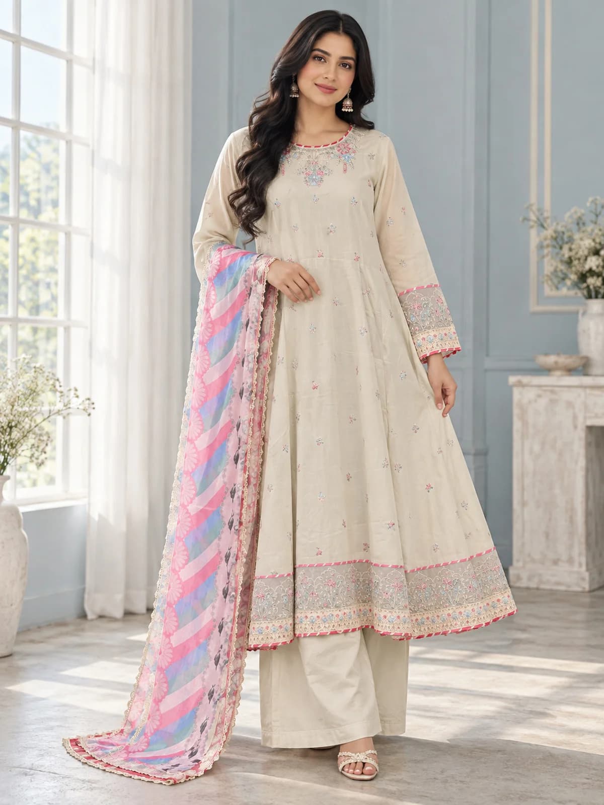 Ivory Pastel Anarkali Frock Style 3-Piece Suit — front