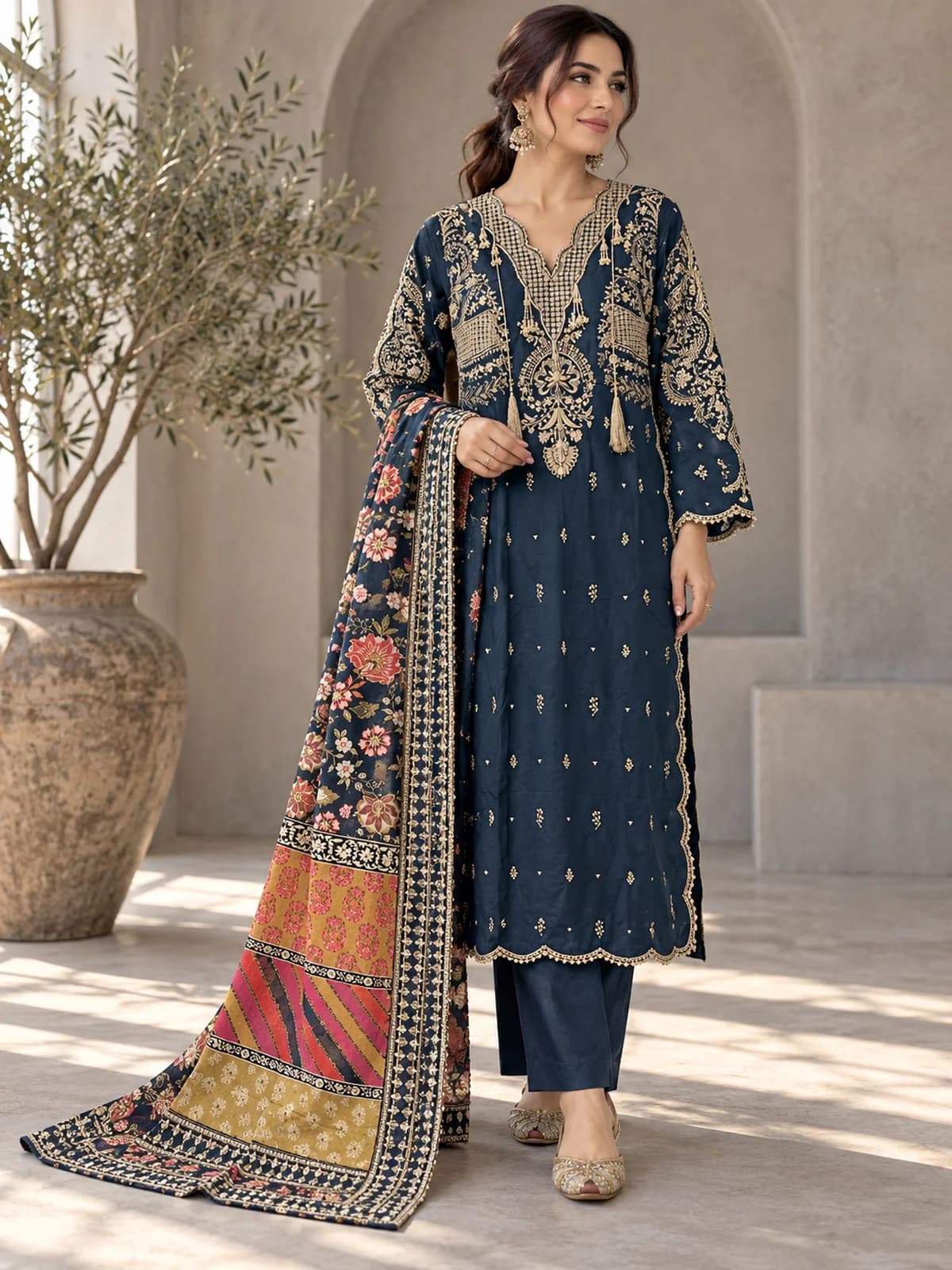 Midnight Navy Paisley Embroidered Tasseled 3-Piece Suit — front