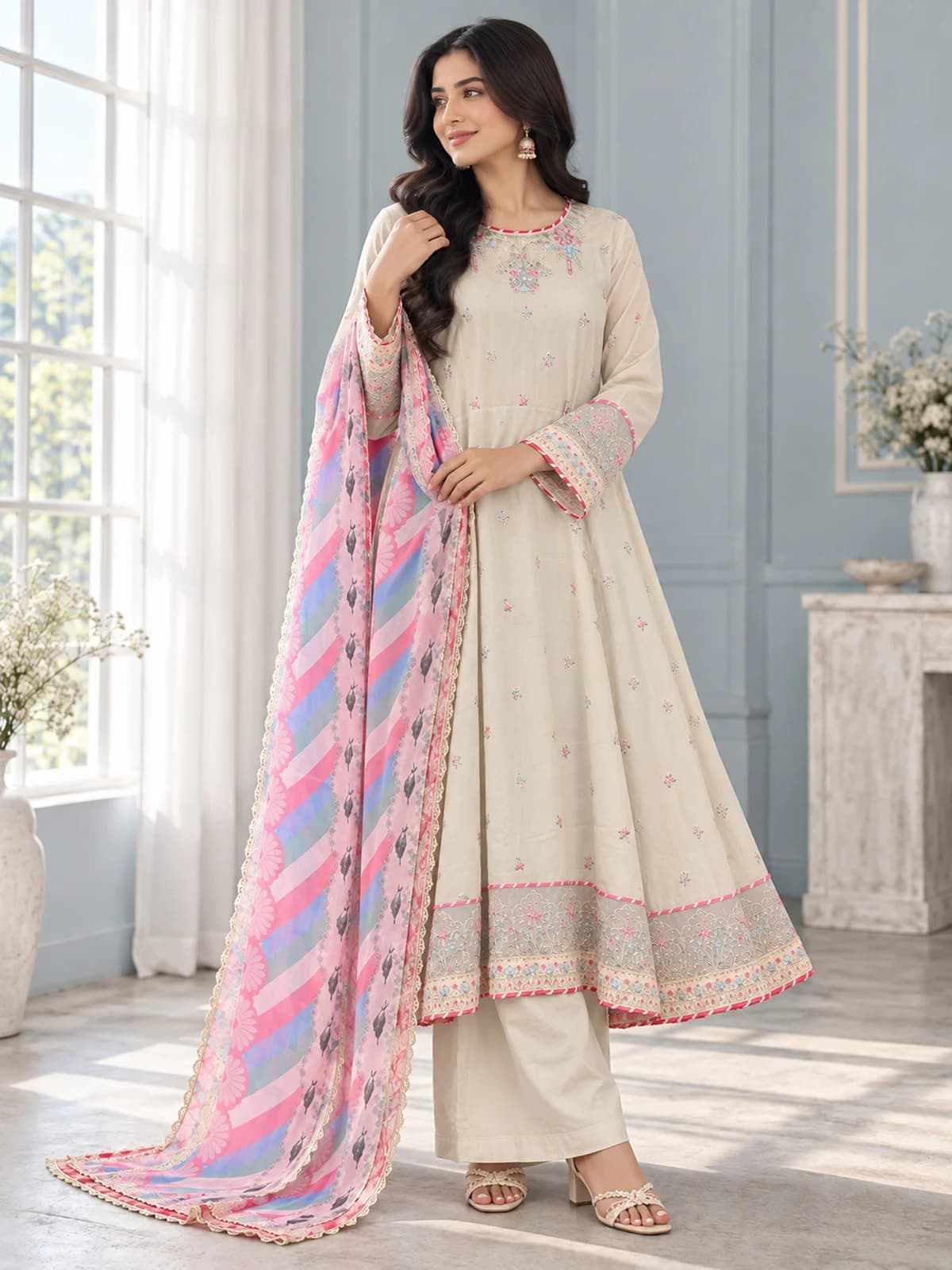 Ivory Pastel Anarkali Frock Style 3-Piece Suit — back