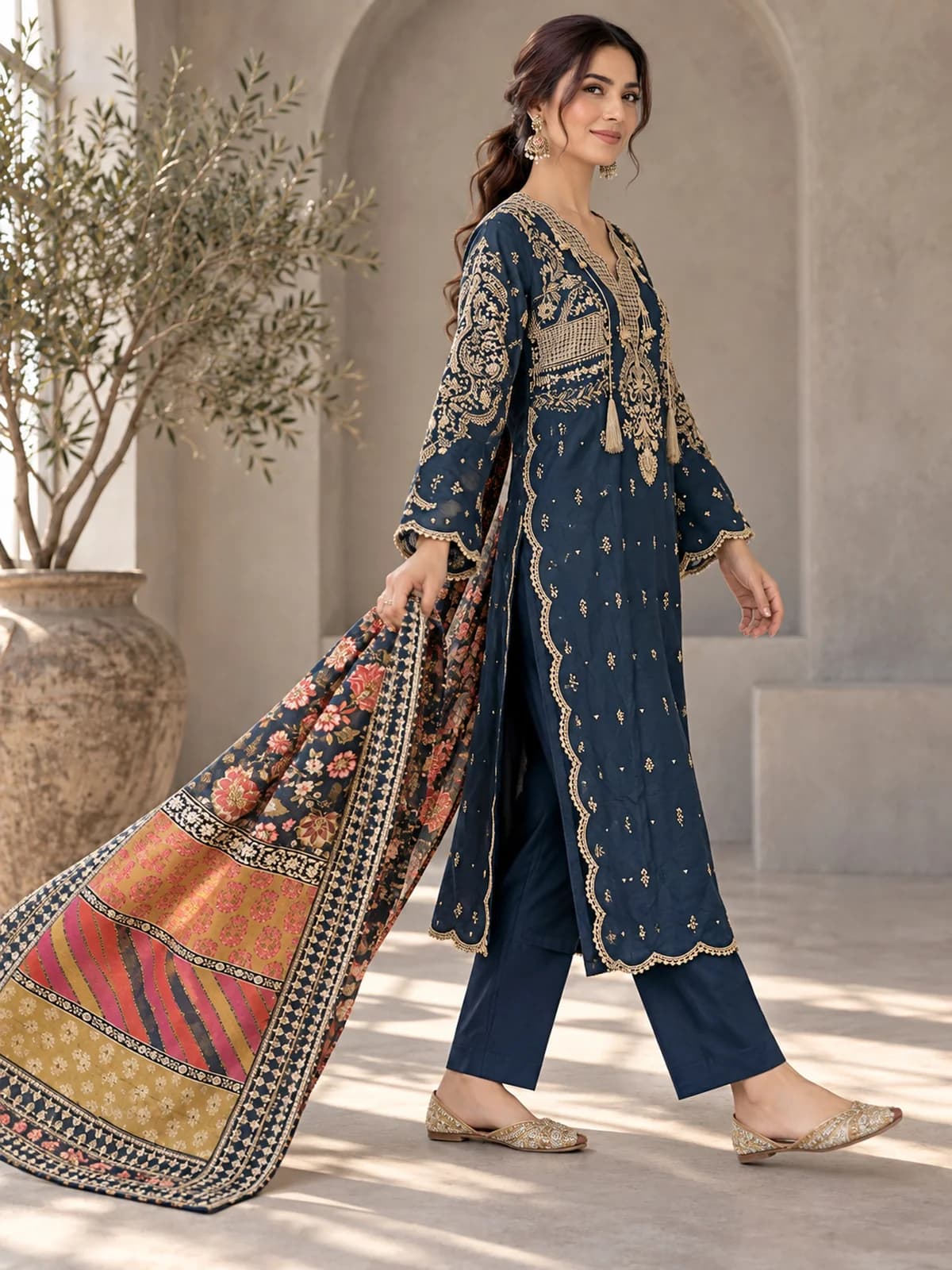 Midnight Navy Paisley Embroidered Tasseled 3-Piece Suit — back