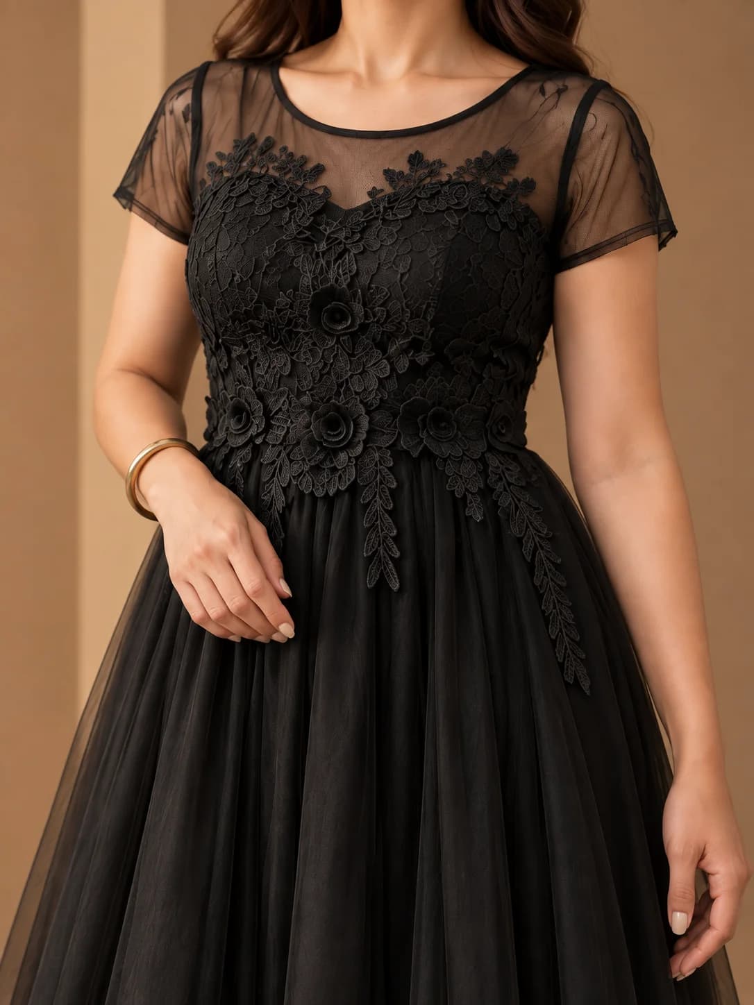 3D Floral Applique Tulle Midi Dress — back