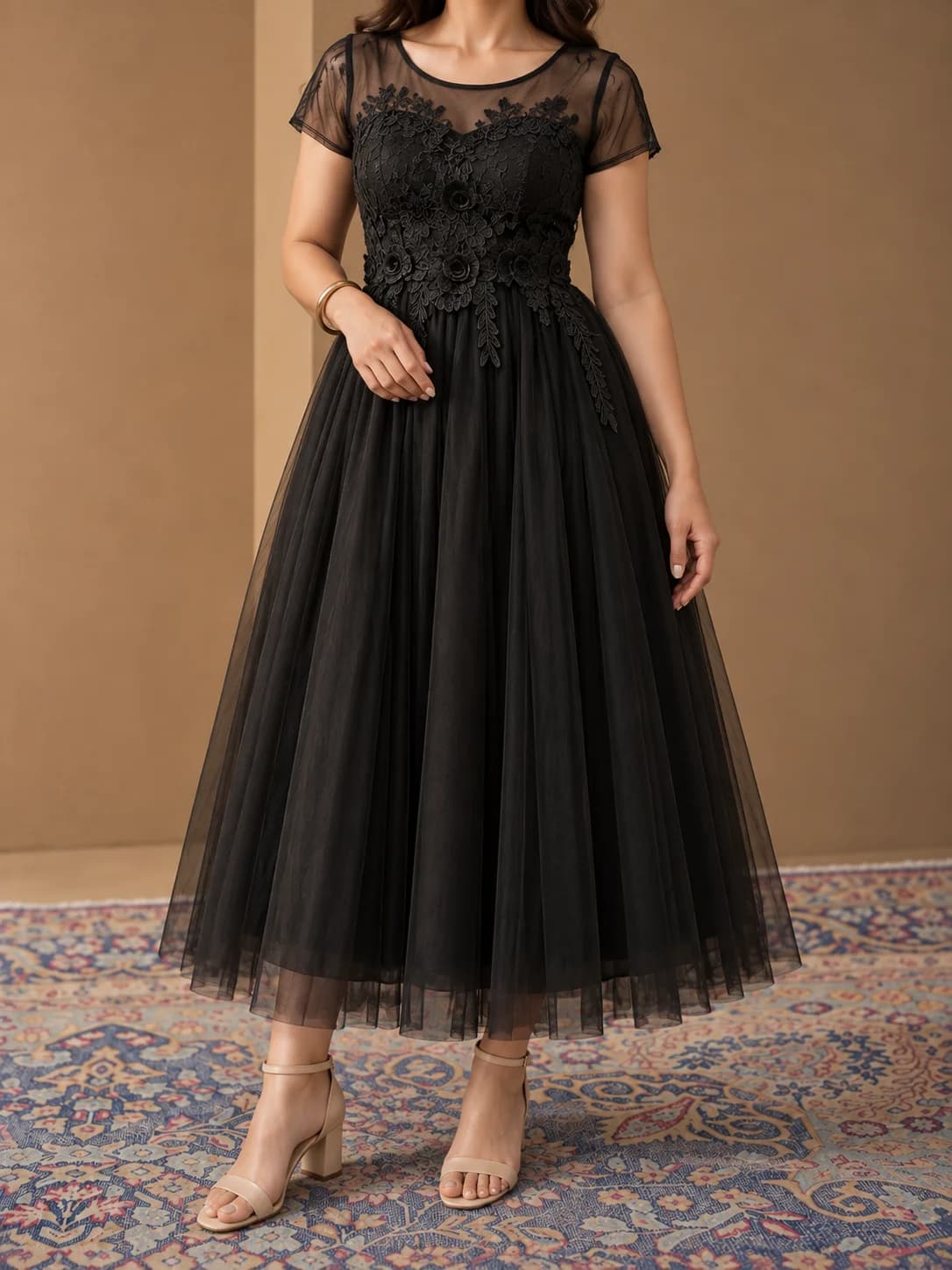 3D Floral Applique Tulle Midi Dress — front