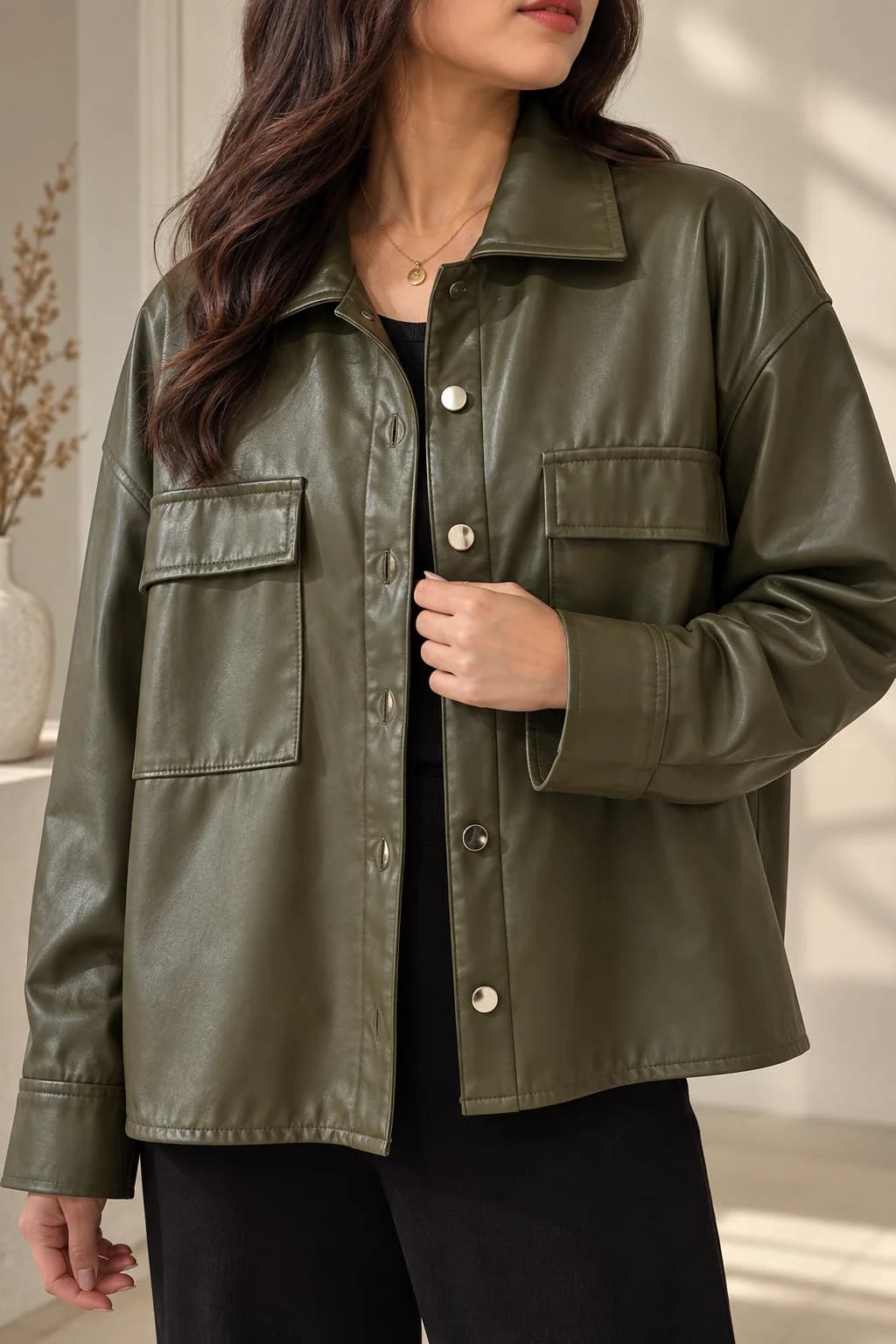 Faux Leather Pocket Shacket — front