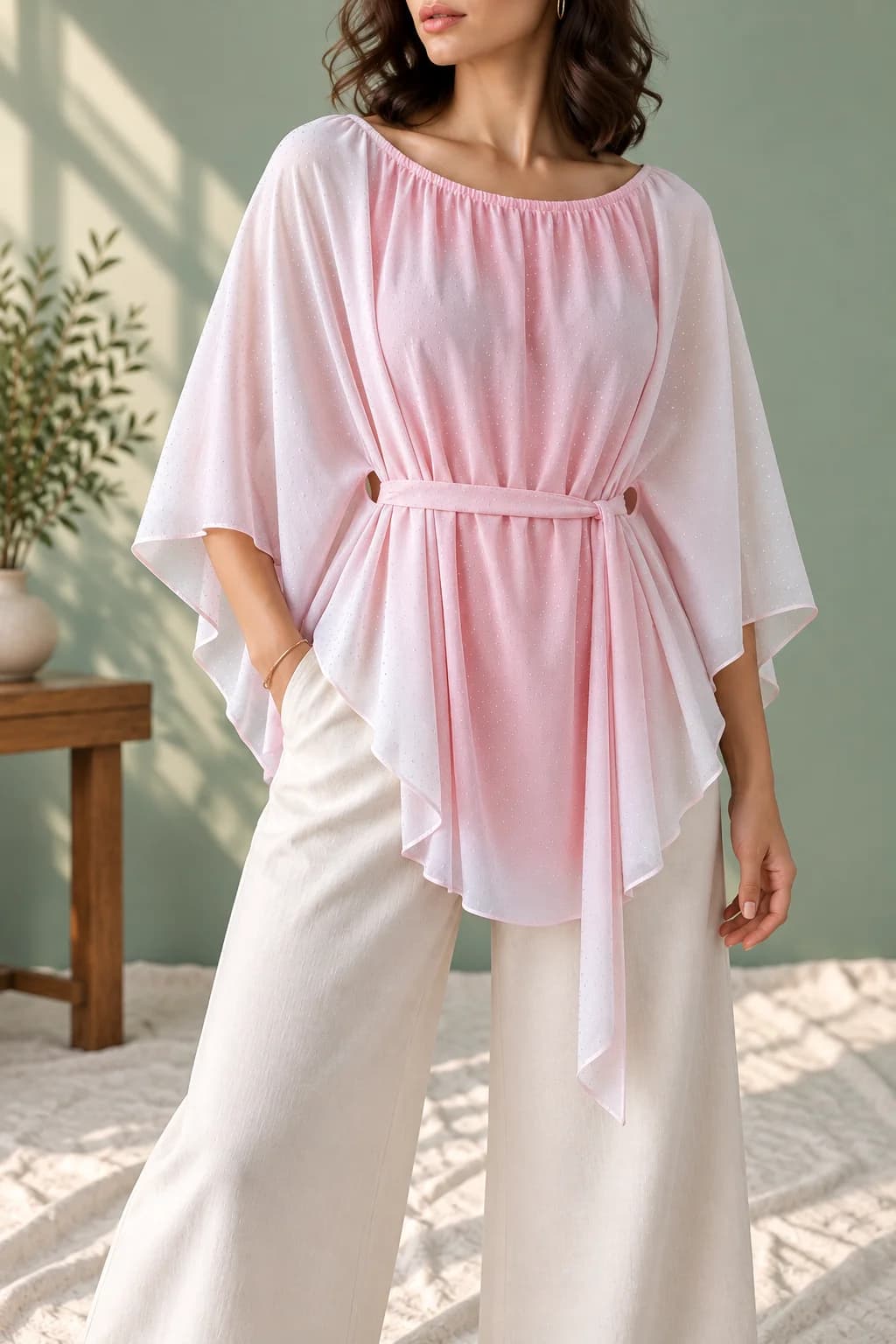 Glitter Dot Cape-Sleeve Tie-Waist Top — front