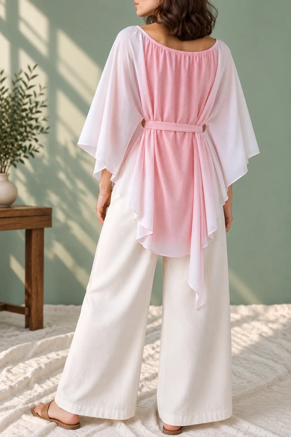 Glitter Dot Cape-Sleeve Tie-Waist Top — back