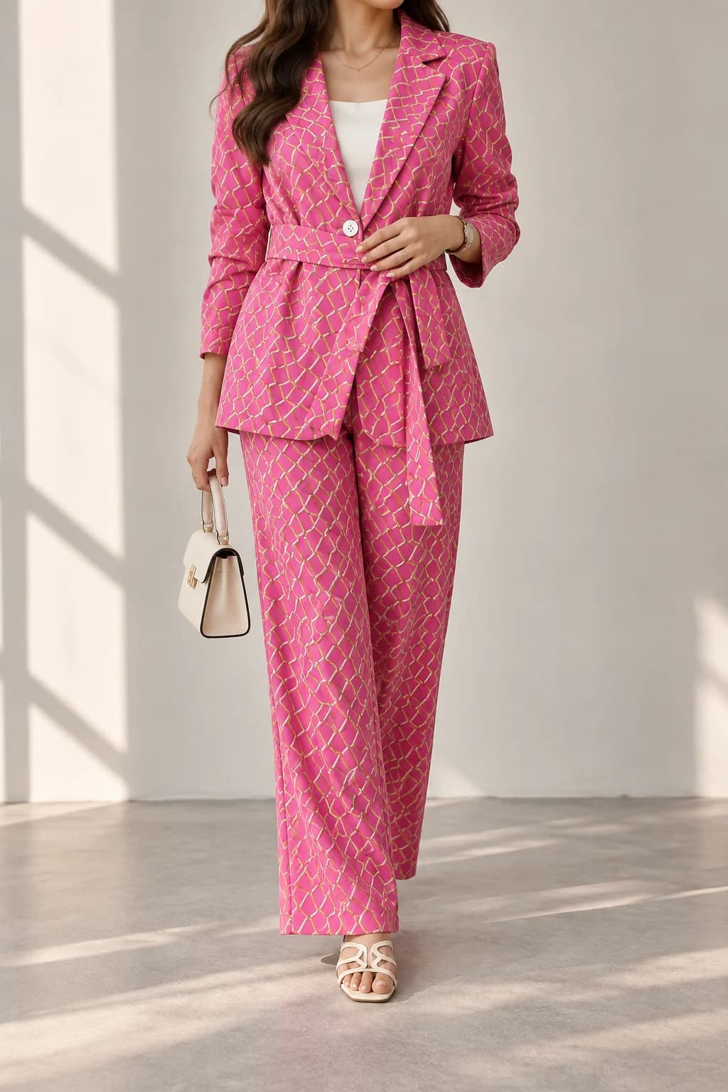 Chain Print Belted Blazer & Trouser Suit — front