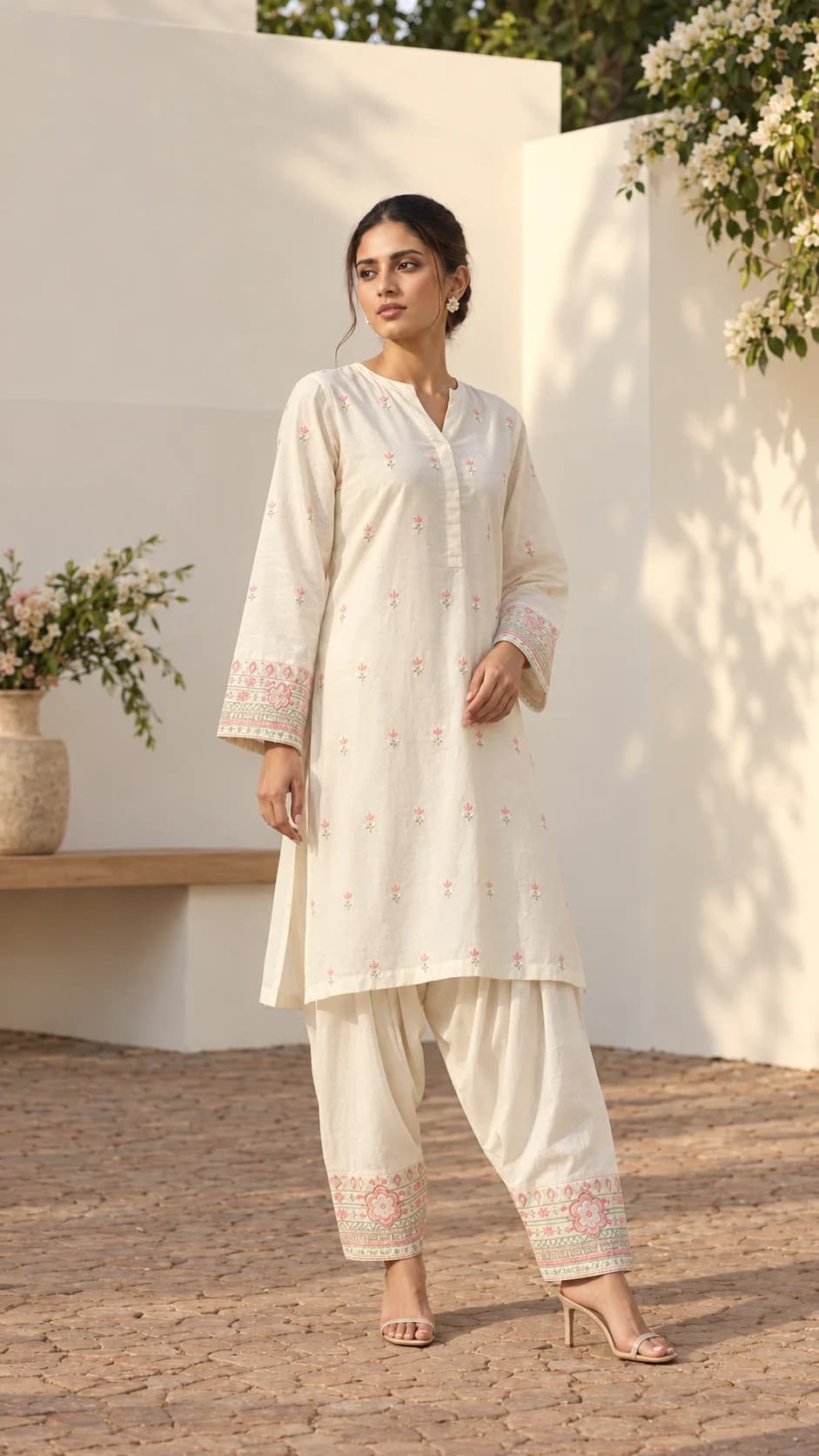 Off White Embroidered Kurta & Patiala Set — front