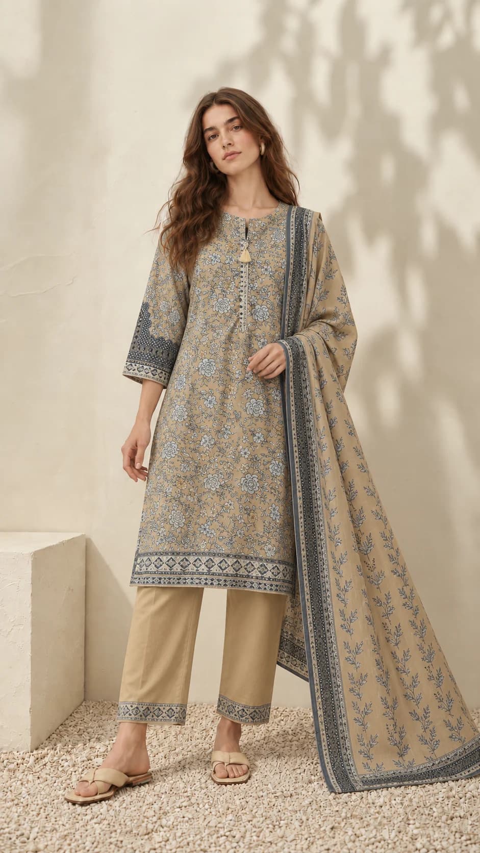 Golden Floral Print 3-Piece Suit — front