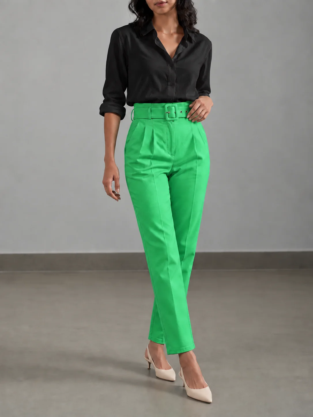 Belted Paperbag-Waist Tapered Trousers — front