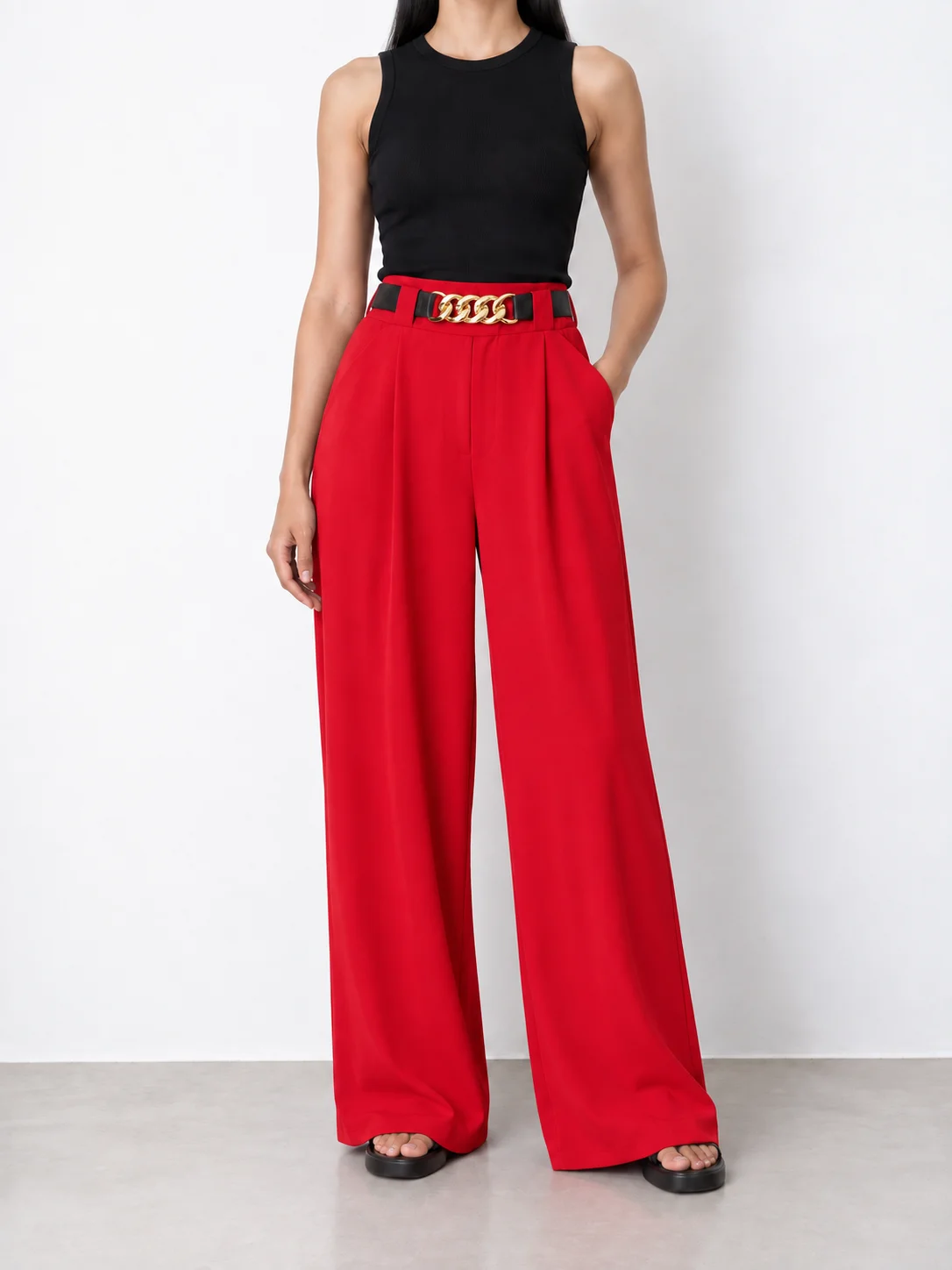 Chain-Buckle Wide-Leg Palazzo Trousers — front