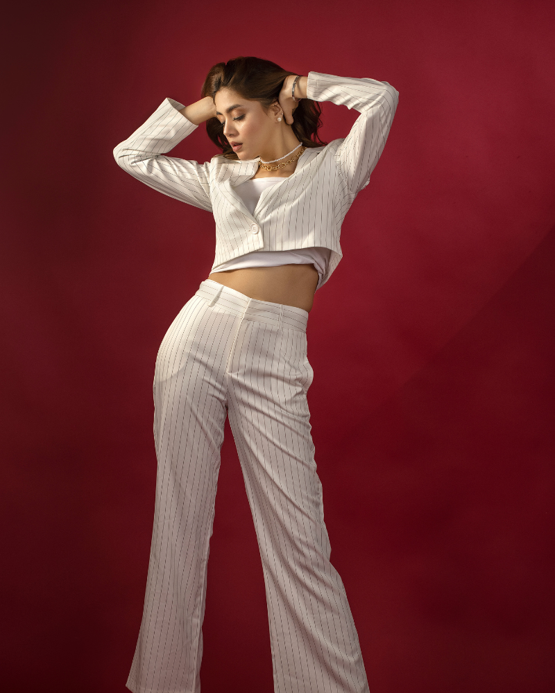 High Waist Boot Pants and Short Coat Set - white