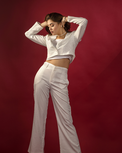 High Waist Boot Pants and Short Coat Set - white