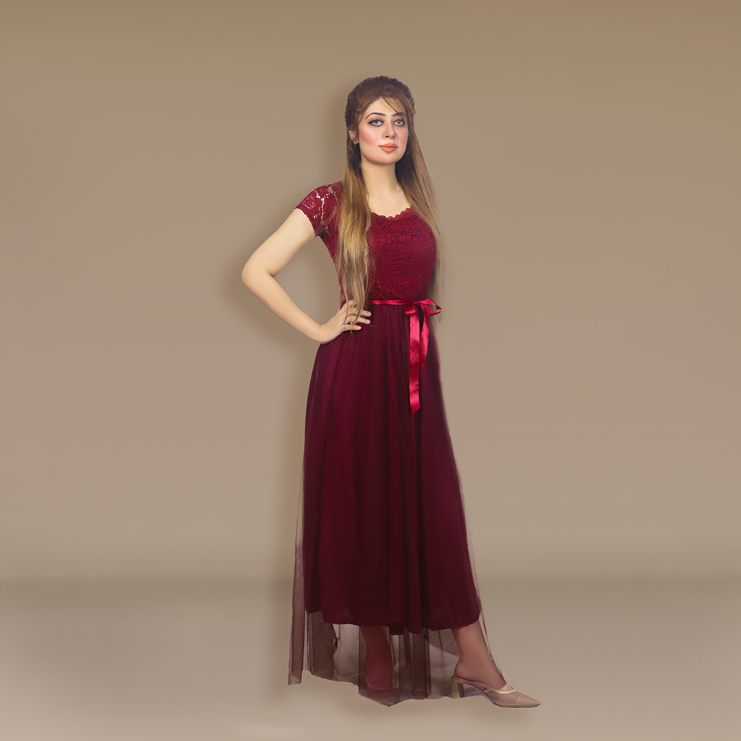Embroidery maxi- Graceful Flair Shoulder Sleeve Short Maxi