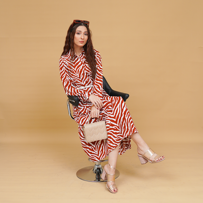 Zebra Print Satin Wrap Long Frock