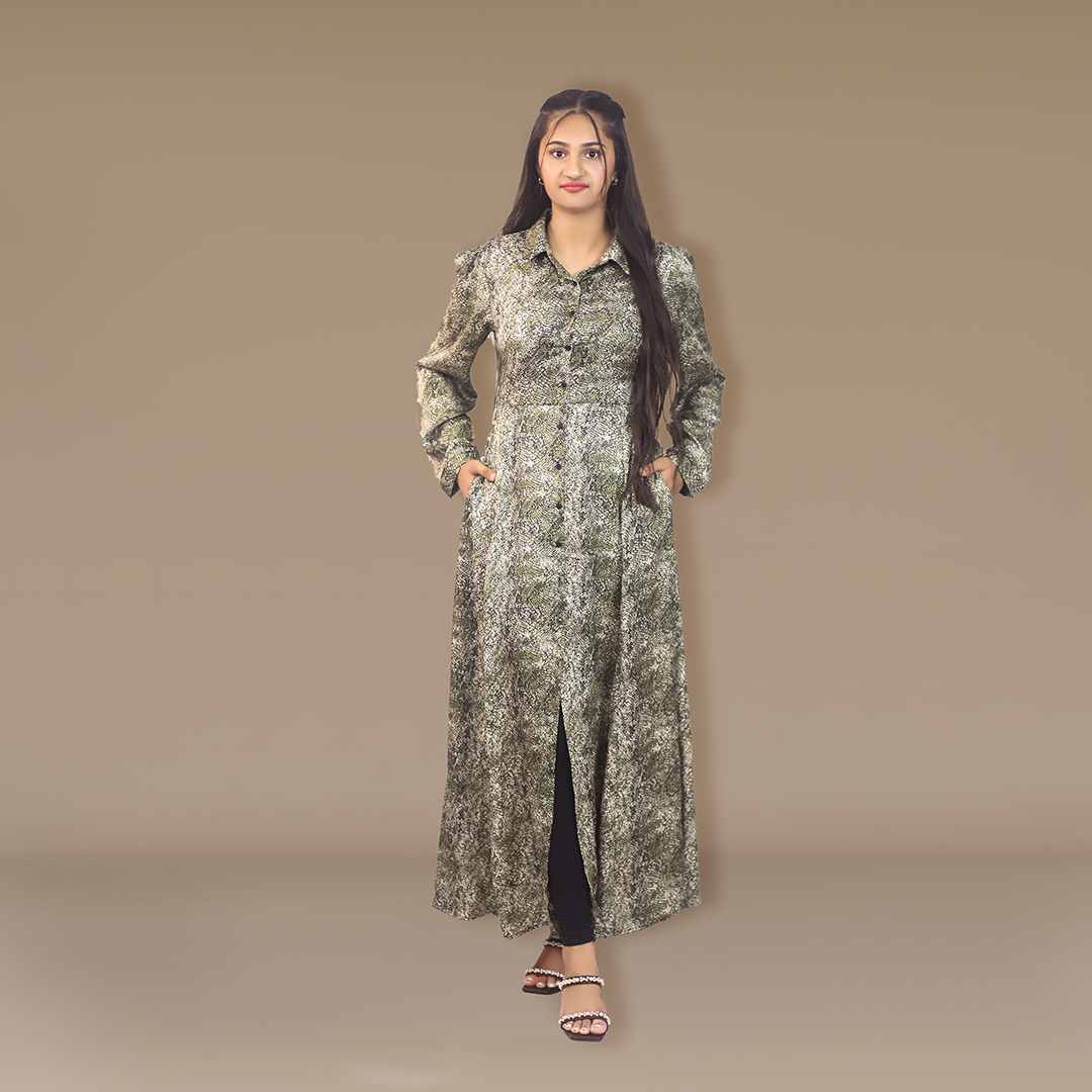 Printed pleated dress- Patterned Collar Statement