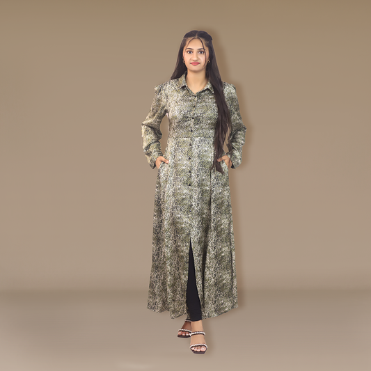 Printed pleated dress- Patterned Collar Statement