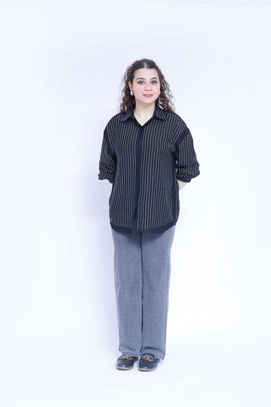 Women’s Long Rhinestone Button-Down Shirt with Wide Leg Rhinestone Jeans | New Jersey by Germany