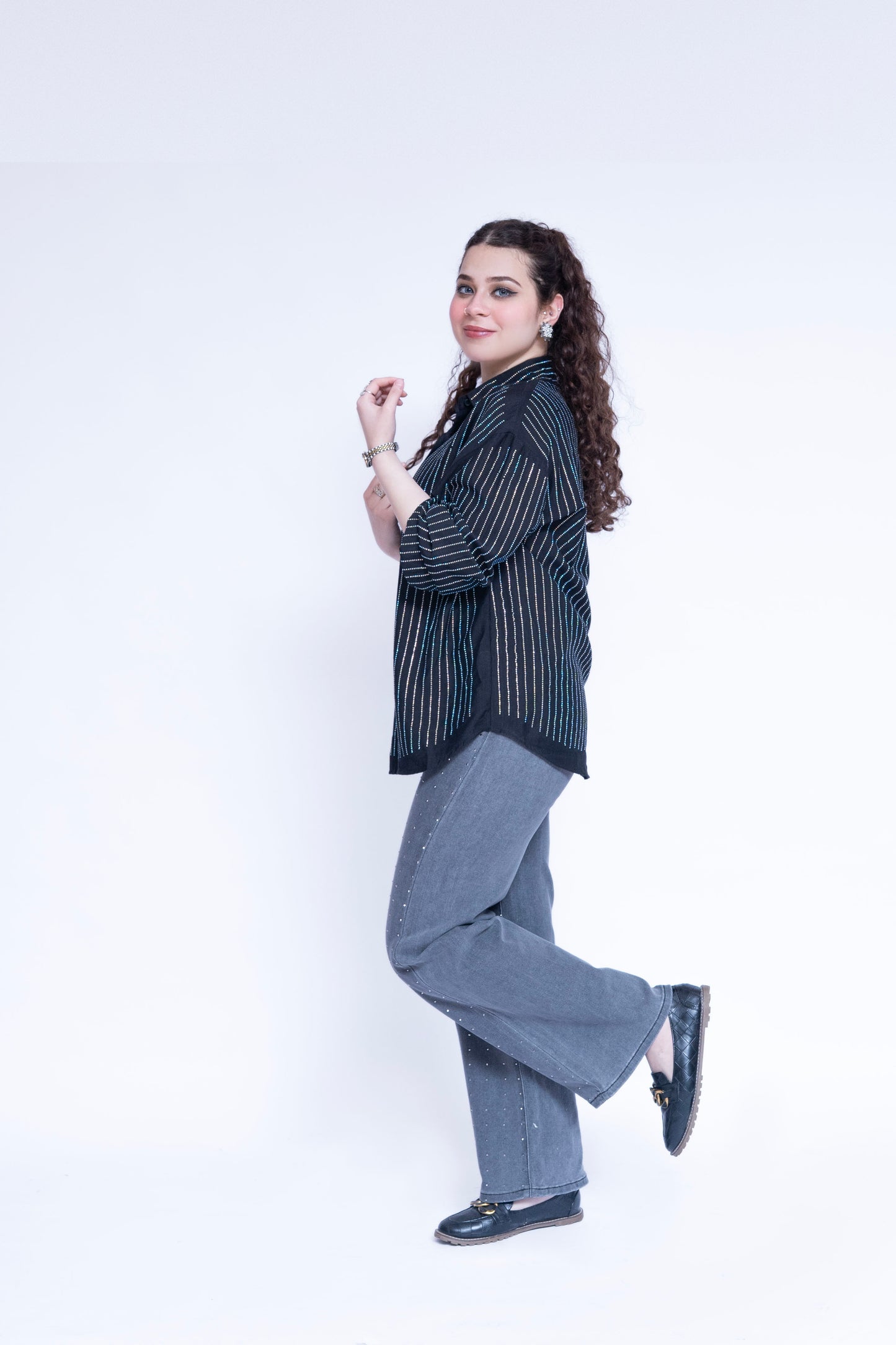 Women’s Long Rhinestone Button-Down Shirt with Wide Leg Rhinestone Jeans | New Jersey by Germany