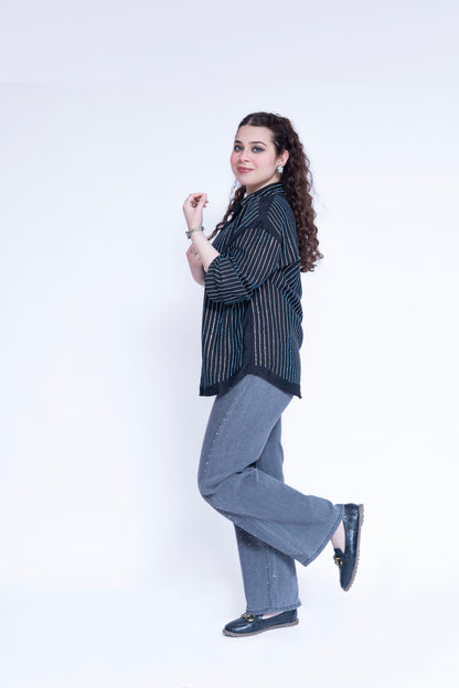 Women’s Long Rhinestone Button-Down Shirt with Wide Leg Rhinestone Jeans | New Jersey by Germany