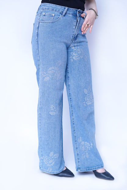 Wide Leg Floral Rhinestone Jeans | New Jersey by Germany