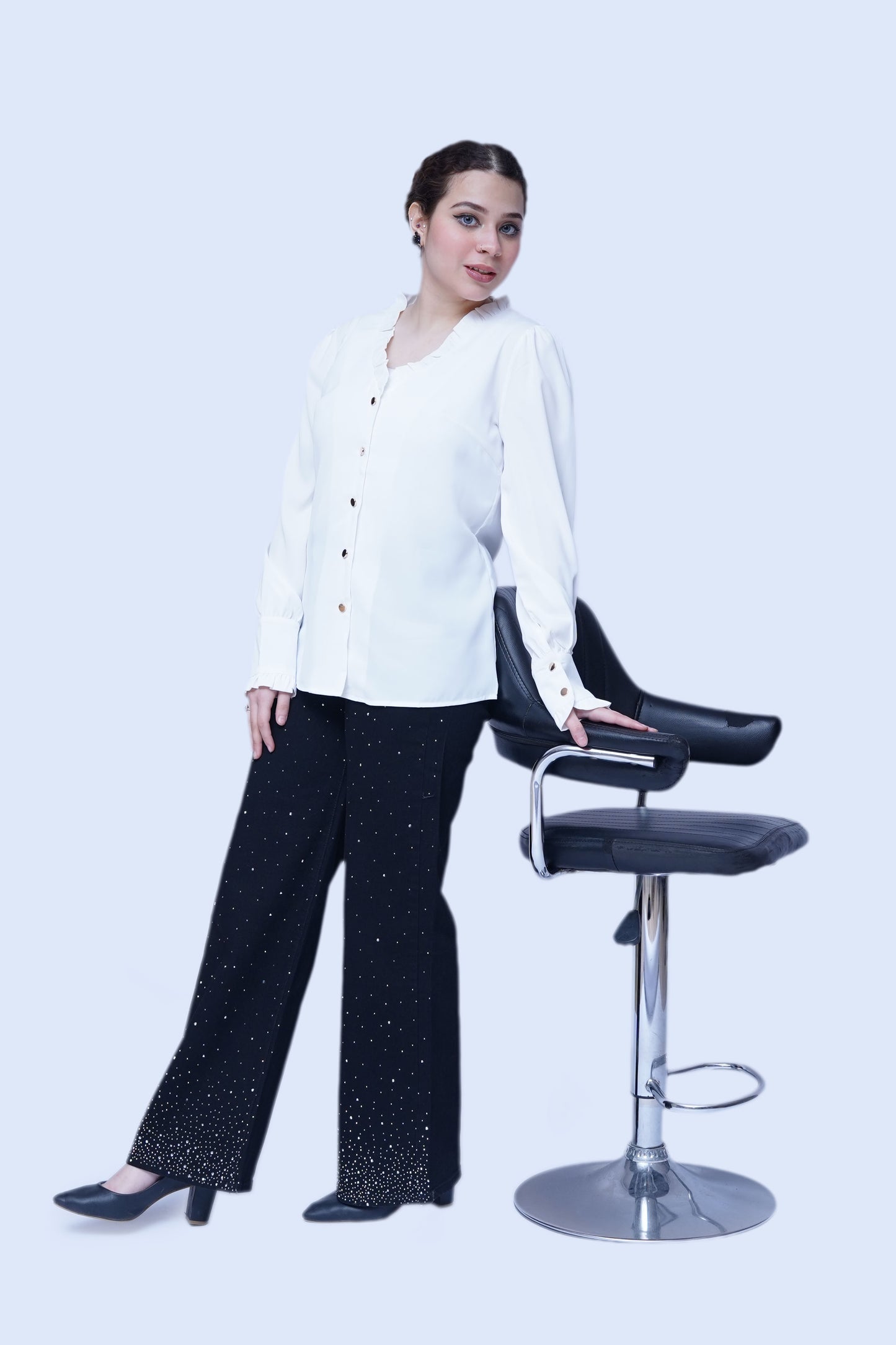 Frilled Button-Down Blouse with Black Embellished Straight-Leg Pants | New Jersey by Germany