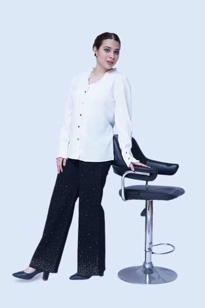Frilled Button-Down Blouse with Black Embellished Straight-Leg Pants | New Jersey by Germany