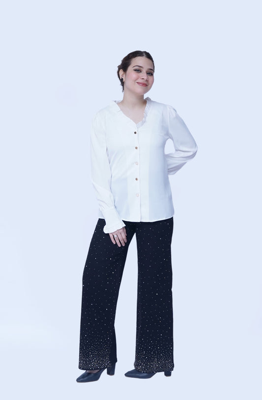 Frilled Button-Down Blouse with Black Embellished Straight-Leg Pants | New Jersey by Germany