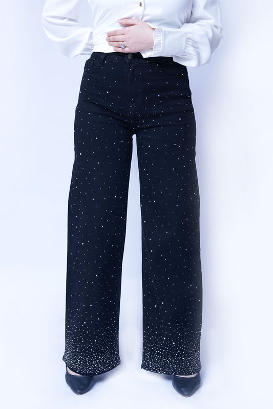 Wide Leg Rhinestone Black Jeans | New Jersey by Germany