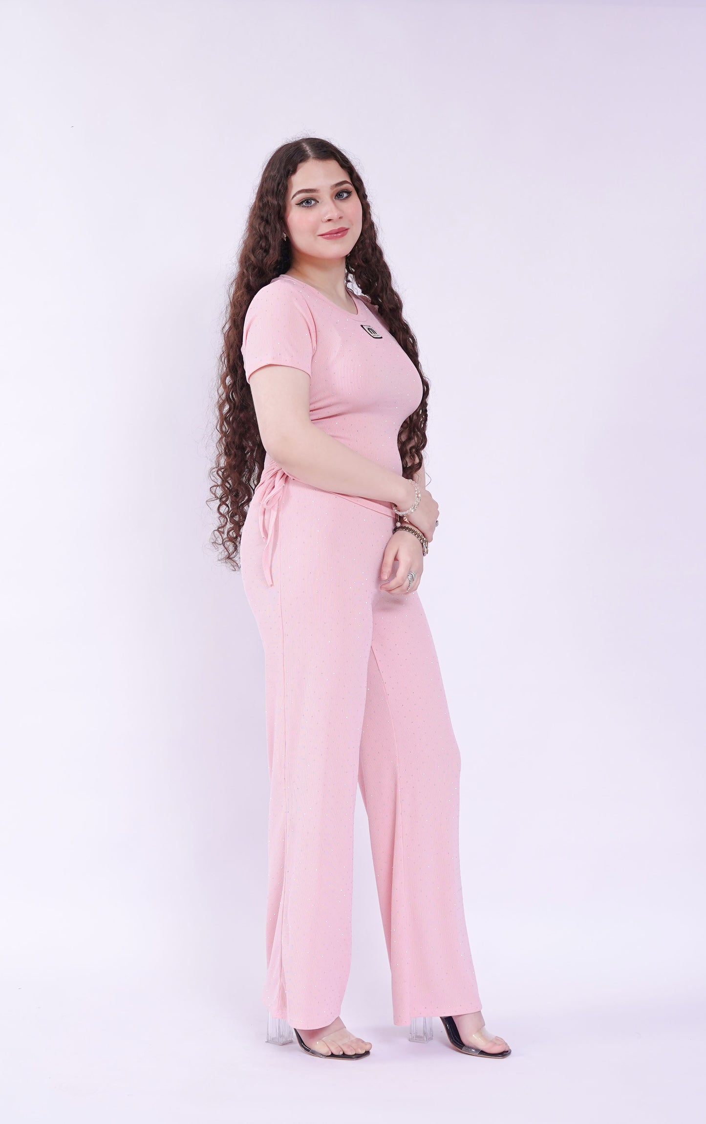 Rhinestone Stretched Half Sleeves Top with Trouser | New Jersey by Germany