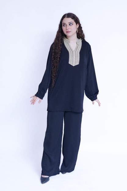 Black Embroidered Neckline Tunic with Straight-Cut Trousers | New Jersey by Germany