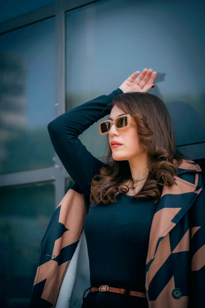 CAMEL MID-CALF LENGTH COAT IN BLACK GEOMETRIC PATTERN Coat