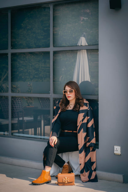 CAMEL MID-CALF LENGTH COAT IN BLACK GEOMETRIC PATTERN Coat