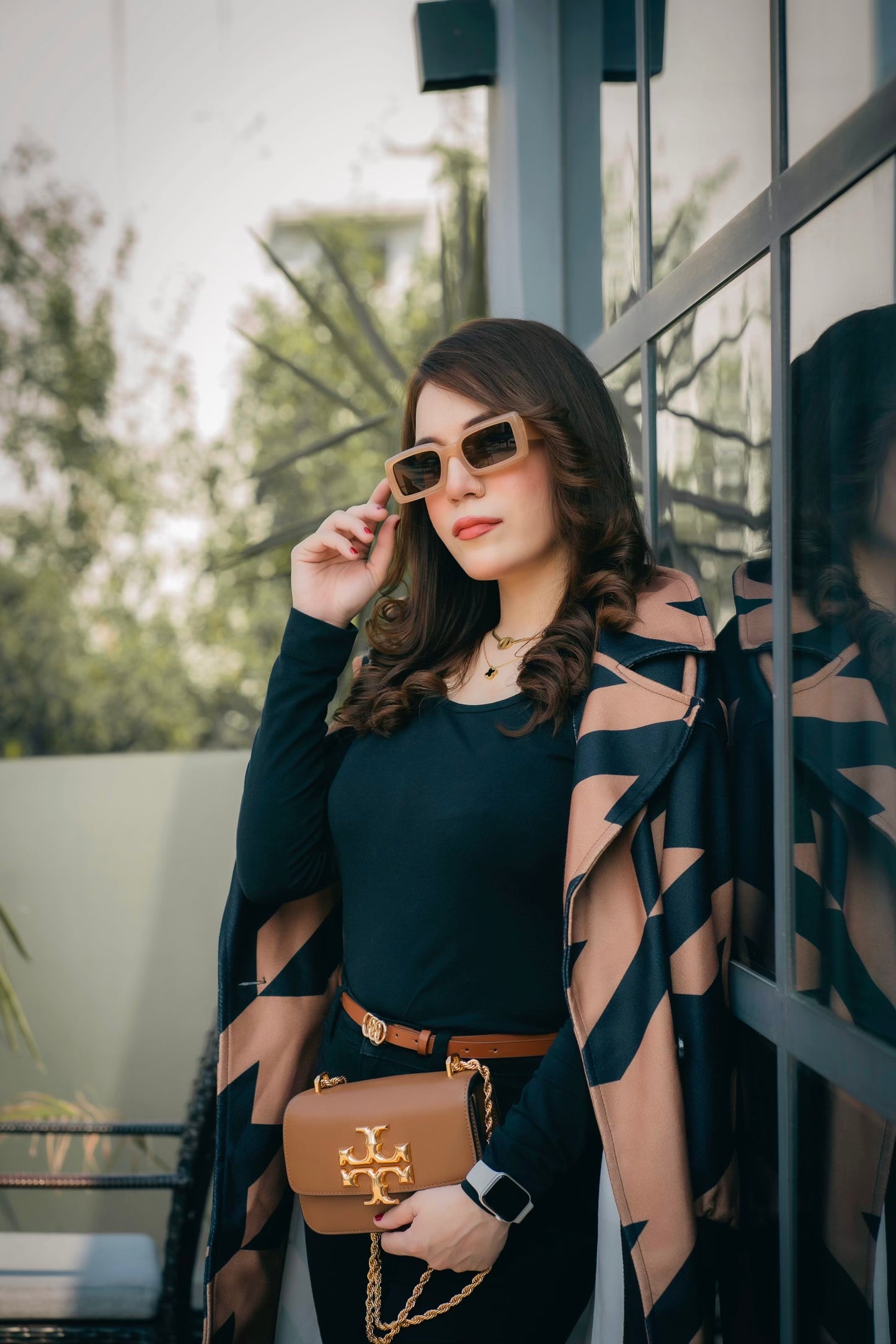 CAMEL MID-CALF LENGTH COAT IN BLACK GEOMETRIC PATTERN Coat