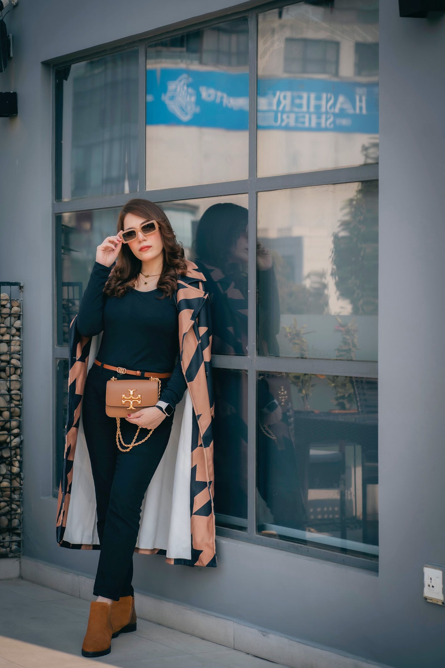 CAMEL MID-CALF LENGTH COAT IN BLACK GEOMETRIC PATTERN Coat