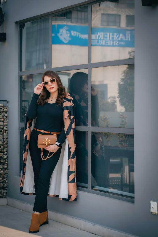 CAMEL MID-CALF LENGTH COAT IN BLACK GEOMETRIC PATTERN Coat