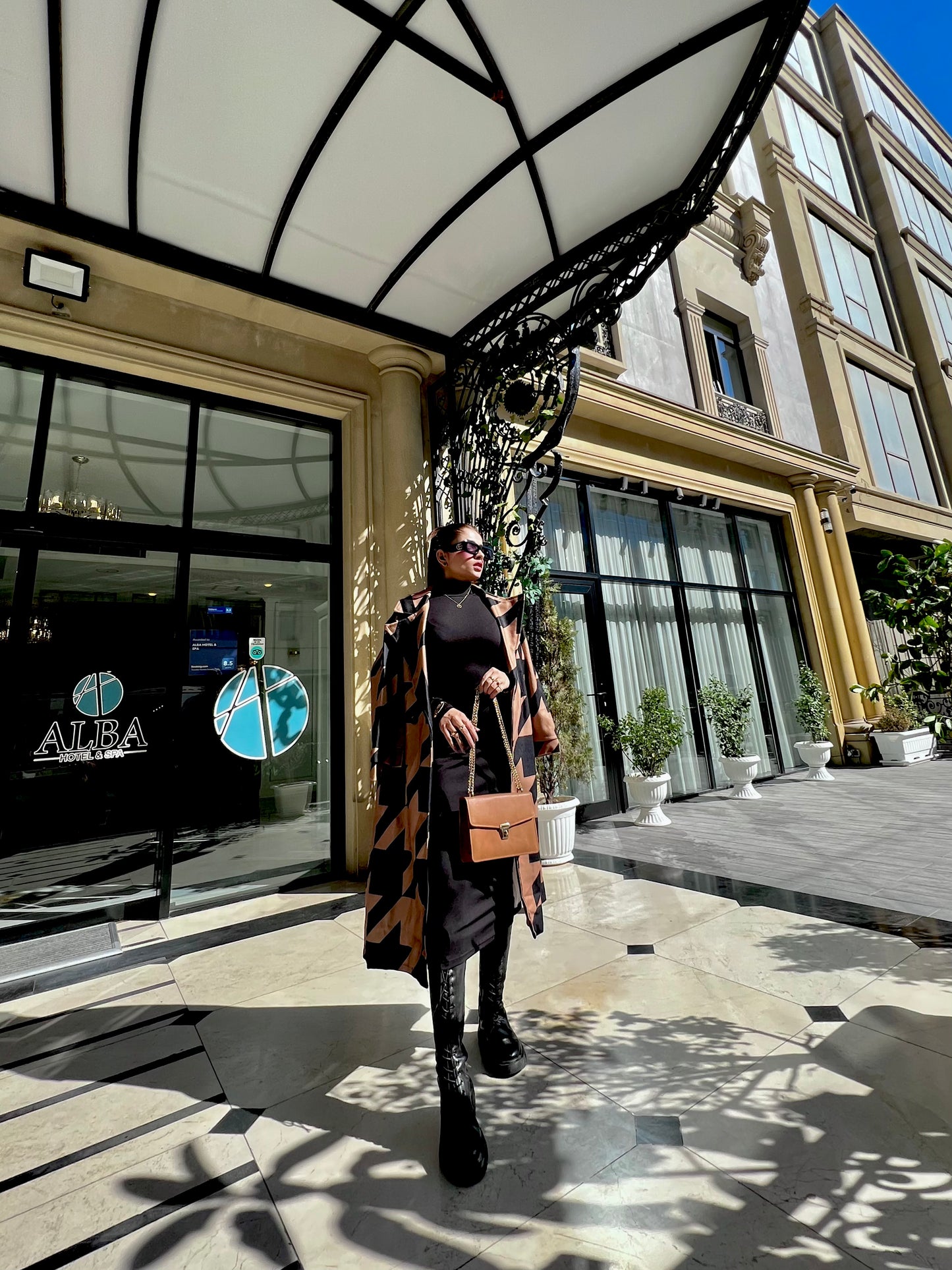 CAMEL MID-CALF LENGTH COAT IN BLACK GEOMETRIC PATTERN Coat