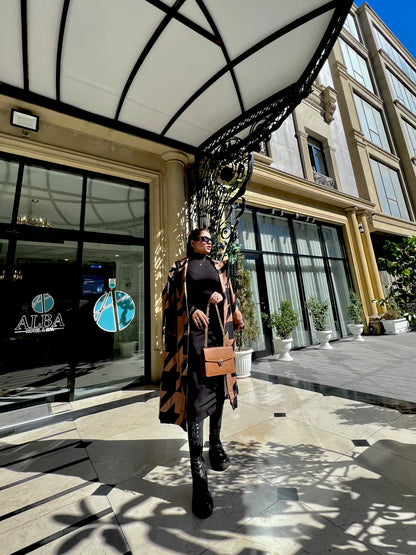 CAMEL MID-CALF LENGTH COAT IN BLACK GEOMETRIC PATTERN Coat