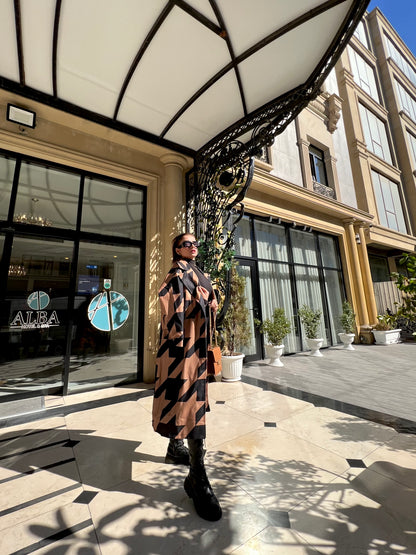 CAMEL MID-CALF LENGTH COAT IN BLACK GEOMETRIC PATTERN Coat