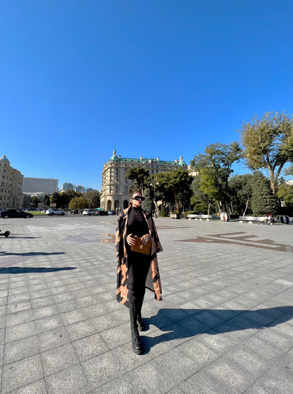 CAMEL MID-CALF LENGTH COAT IN BLACK GEOMETRIC PATTERN Coat