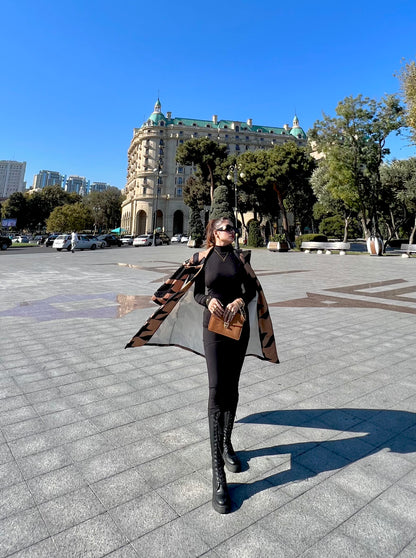 CAMEL MID-CALF LENGTH COAT IN BLACK GEOMETRIC PATTERN Coat