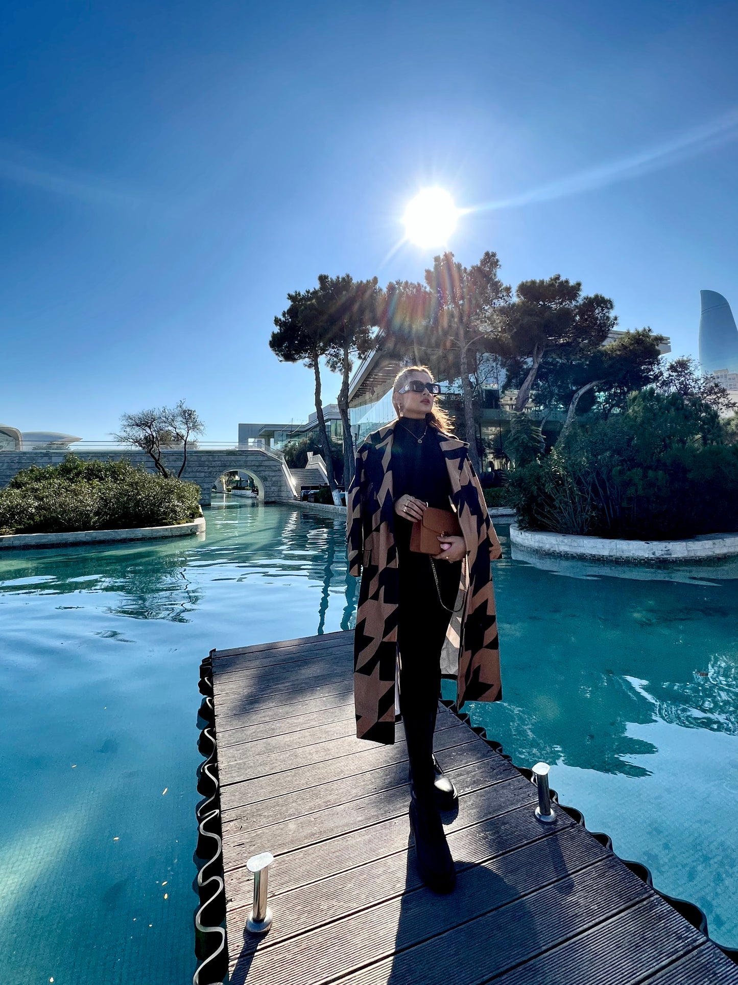 CAMEL MID-CALF LENGTH COAT IN BLACK GEOMETRIC PATTERN Coat