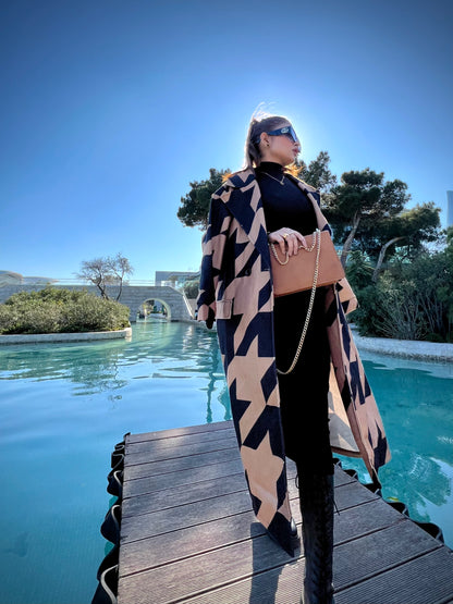 CAMEL MID-CALF LENGTH COAT IN BLACK GEOMETRIC PATTERN Coat