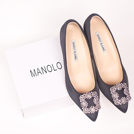 Black Satin Jewel Buckle Pumps by Manolo Blahnik